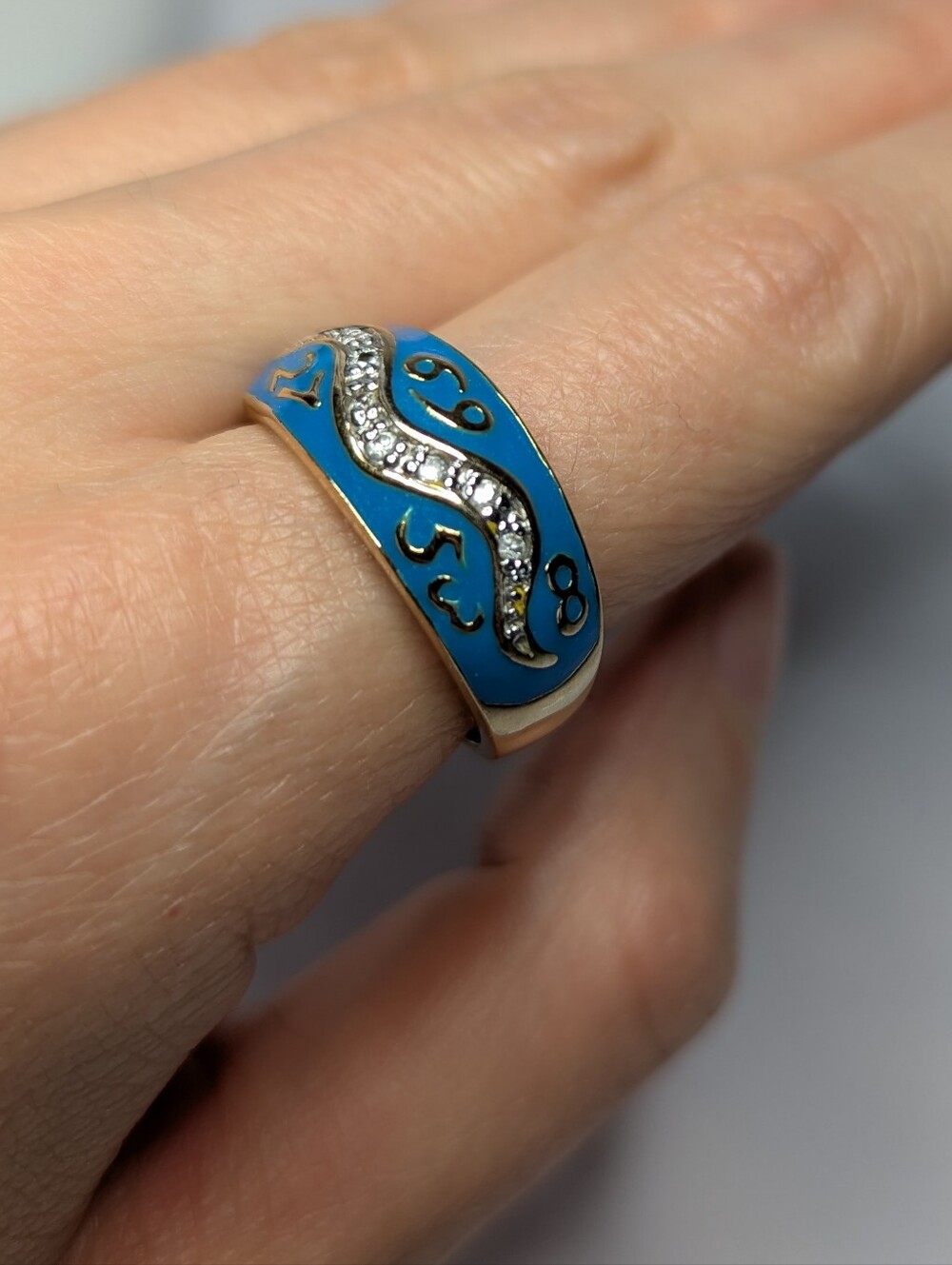 Gold And Turquoise Enamel Crystal "Lucky Numbers" Ring (Size 10.5)